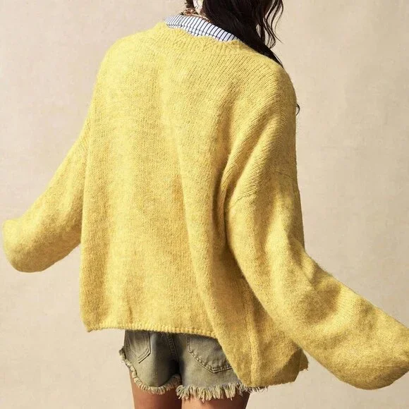 yellow Casual Women's Loose Drop Shoulder Button Front knit Cardigan - Picture 6 of 8